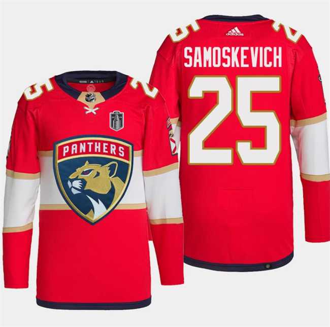Men%27s Florida Panthers #25 Mackie Samoskevich Red 2024 Stanley Cup Final Patch Stitched Jersey Dzhi
